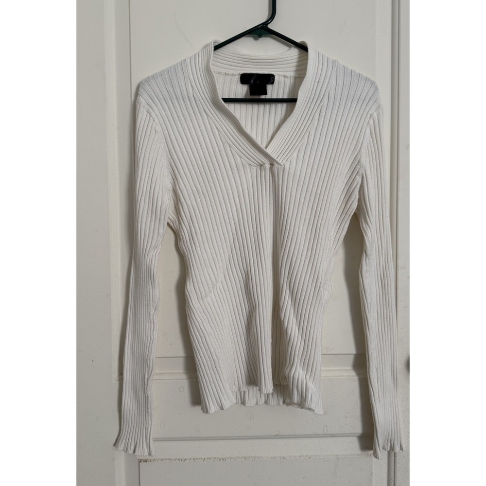 Y2K Ribbed Sweater Sz‎ XL Ivory Knit Slim Fitted V-Neck Layering Preppy Indie